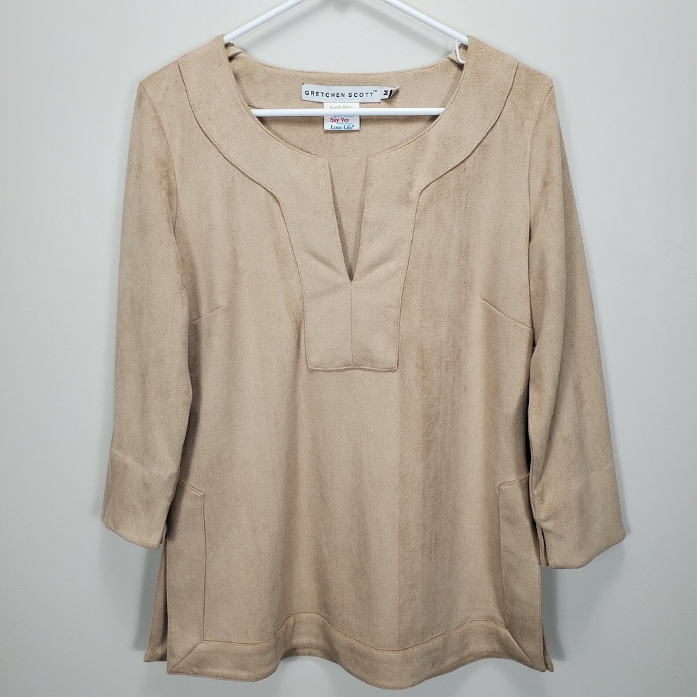 Gretchen Scott M Medium Tan Faux Suede Split Neck 3/4 Sleeve Tunic Top